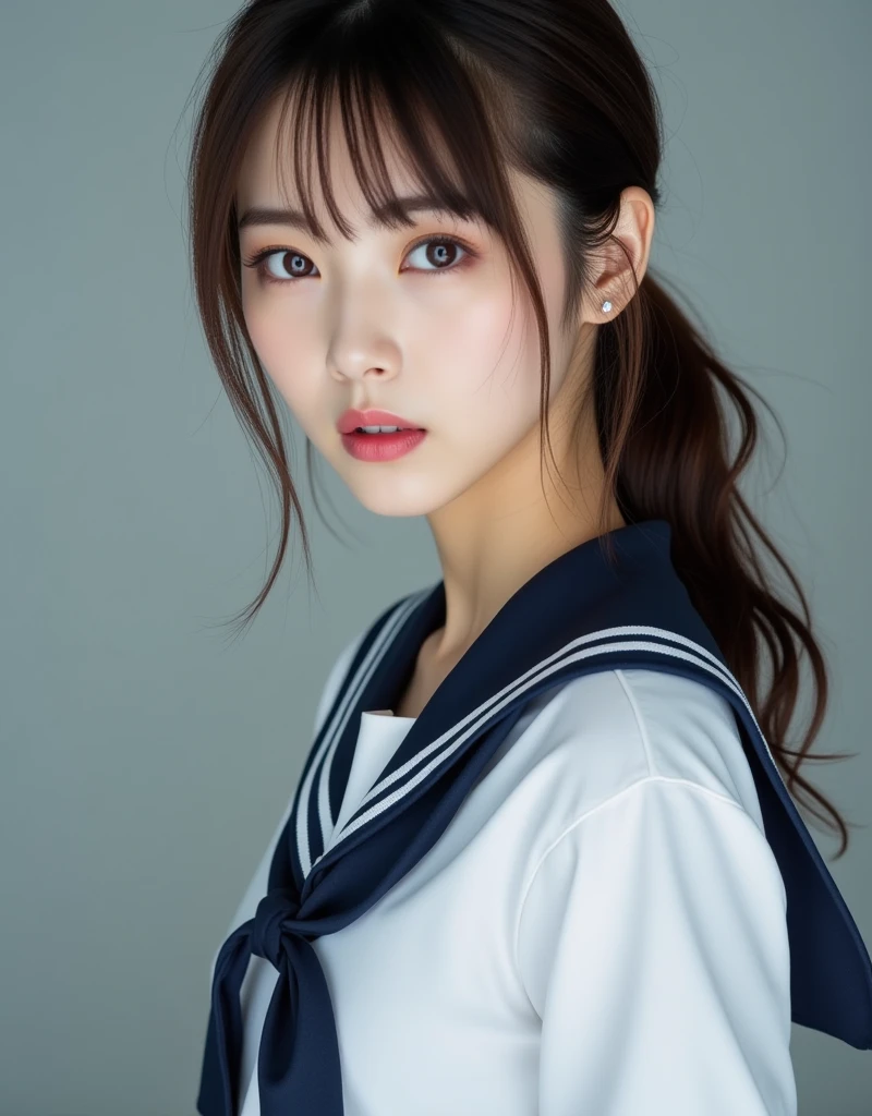 Perfect composition, Proper placement, close up, Beautiful Japanese Women, Brown Hair, Wavy Hair:1.21, brown eyes:1.21, Clear Eyes,  Perfect beauty, Makeup, Pink lipstick:0.98, Perfect Anatomy, Small Head, Classic sailor uniforms from prestigious Tokyo Metropolitan High Schools, White Uniform, Short-sleeved sailor uniform:1.21, sera fuku:1.21, I can see your belly, Navy blue pleated mini skirt, Perfect beauty, Reversal film, Like a positive film:1.21, (A picture in a positive film with a film frame:1.5), Gray simple background, sexy, orgasm, Ecstasy, Dramatic Lighting, 