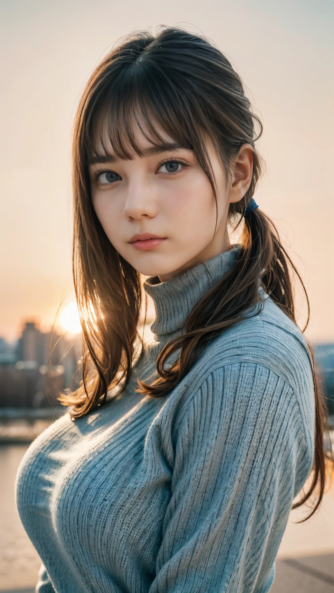 A beautiful girl with a ponytail,bangs, ((Gigantic breasts)), wearing a turtleneck dress, (Angle from the waist up), sunset, (from front), (best quality,4k,8k,highres,masterpiece:1.2),ultra-detailed,(realistic,photorealistic,photo-realistic:1.37),vivid colors,flawless face,natural lighting,detailed eyes,detailed lips,extremely detailed face,long eyelashes,1girl