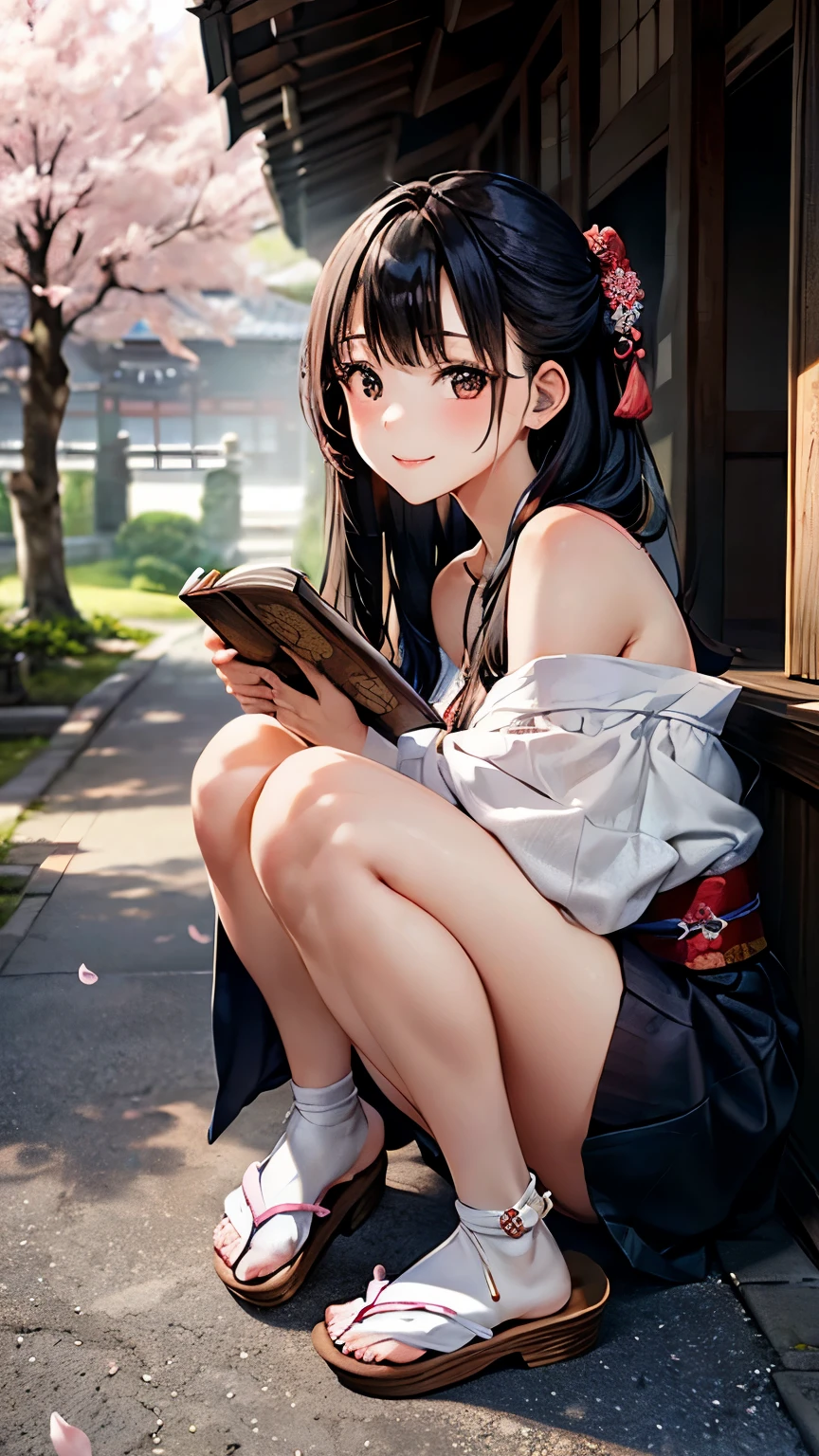 A full-body illustration of a cute young woman shown from head to toe, wearing a modern off-shoulder dress with a mini skirt that incorporates traditional Japanese patterns. She is wearing footwear that includes traditional Japanese elements, such as traditional sandals or geta with a modern twist. She is smiling while holding an old history book. The exposed shoulders and mini skirt highlight her youthfulness and vibrancy. Her long black hair is adorned with traditional hair accessories, and her intelligent and gentle eyes are striking. The background features fully bloomed cherry blossoms and an old Japanese castle, conveying her passion and curiosity for history.