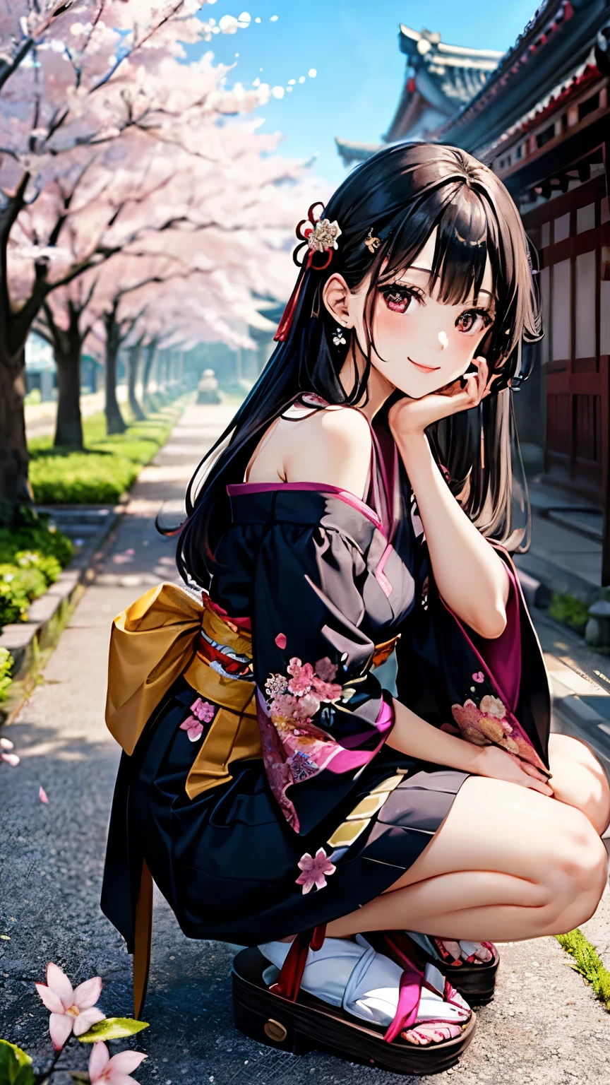 A full-body illustration of a cute young woman shown from head to toe, wearing a modern off-shoulder dress with a mini skirt that incorporates traditional Japanese patterns. She is wearing footwear that includes traditional Japanese elements, such as traditional sandals or geta with a modern twist. She is smiling while holding an old history book. The exposed shoulders and mini skirt highlight her youthfulness and vibrancy. Her long black hair is adorned with traditional hair accessories, and her intelligent and gentle eyes are striking. The background features fully bloomed cherry blossoms and an old Japanese castle, conveying her passion and curiosity for history.