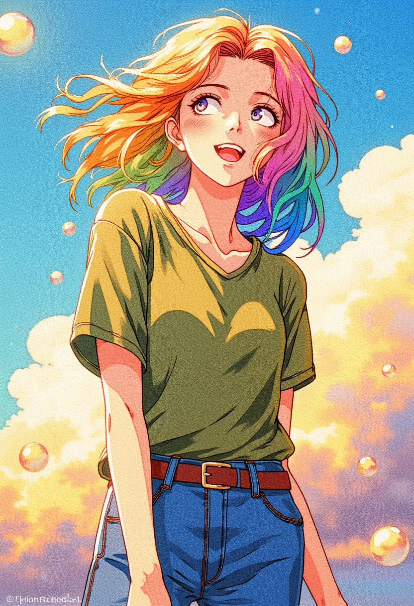 (masterpiece, high quality, best quality, watercolor , official art, beautiful and aesthetic: 1.2), 1 girl,rainbow hair, olive g...