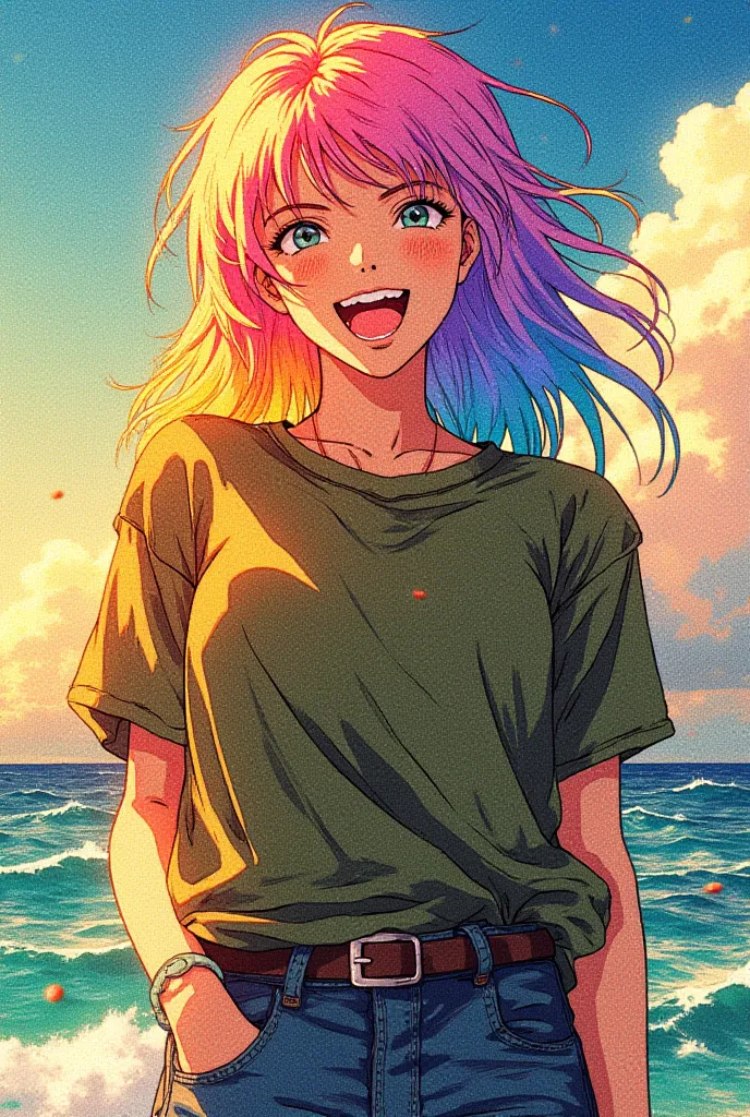 (masterpiece, high quality, best quality, official art, beautiful and aesthetic: 1.2), 1 girl,rainbow hair, olive green shirt, j...