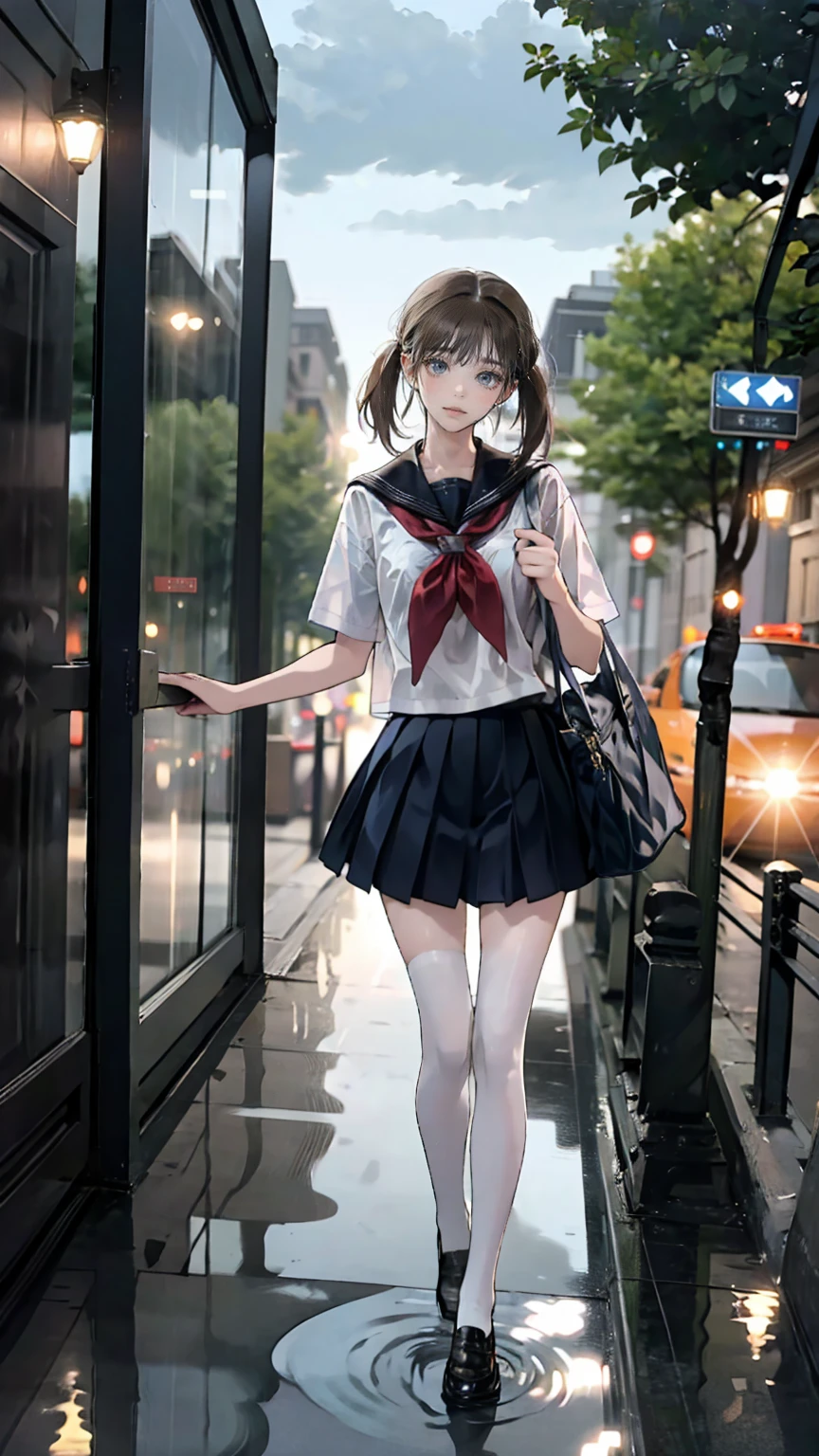 (Alone), cute (One Girl) walk,path,[From below:1.2],Brown Hair,Short hair sign,Brown eyes,puddle,Water reflection,rain,Floating Droplets,Hydrangea,(Blurred foreground),Dynamic Angle,asphalt,(blue sky),Lens Flare,school uniform,(Sparkling:1.2)