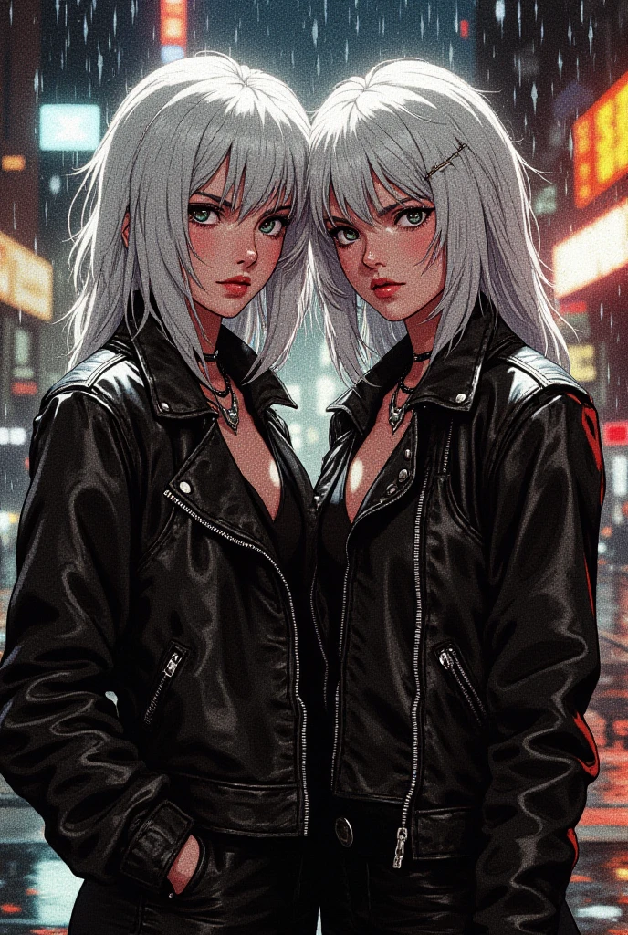 masterpiece, (Best quality:1.2),(Ashley Wood Style:1.2),(Nick Vicesi Style:0.6), (Clarify the focus:1.2),Mature female twins,Black tight leather jacket, Black necklace,White hair,Socks,rain,Night City