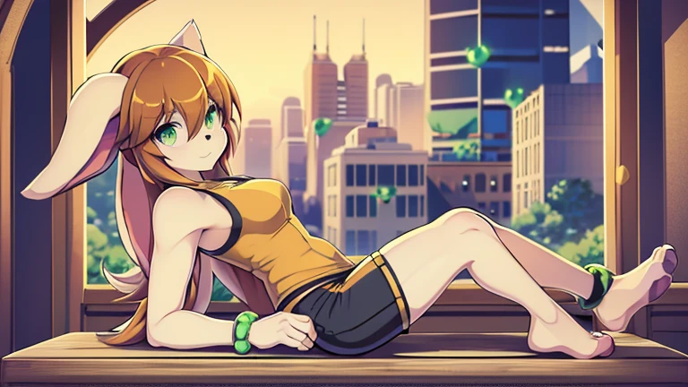 milla basset, masterpiece, best quality, 1girl, solo, long hair, looking at viewer, bangs, brown hair, shirt, animal ears, hair between eyes, bare shoulders, jewelry, breasts, green eyes, standing, tail, thighs, outside, shorts, sleeveless, shiny, bracelet, lying on the bench, full body, 