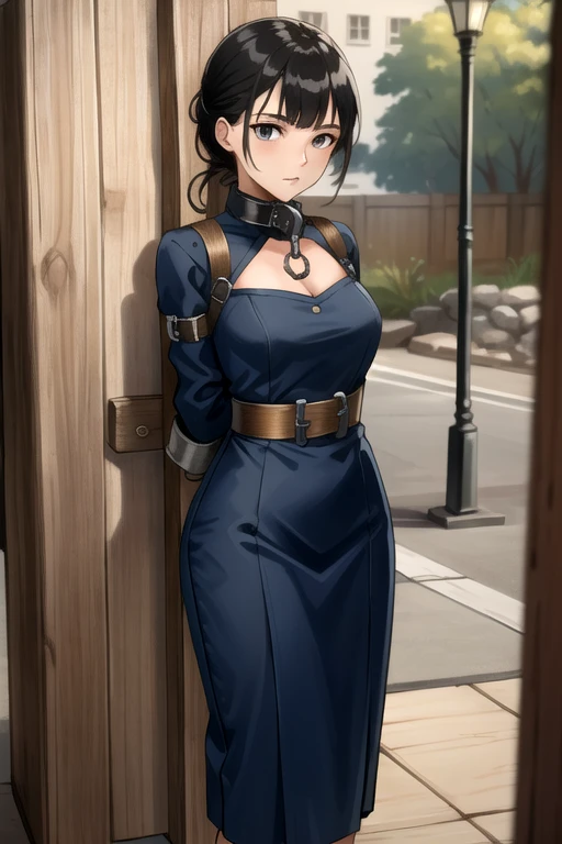 (masterpiece, best quality),  intricate details,
1girl,  phSaber, 
 (standing by wooden pole:1.2),  iron collar, arms behind back,  iron cuffs, shackles, bound,