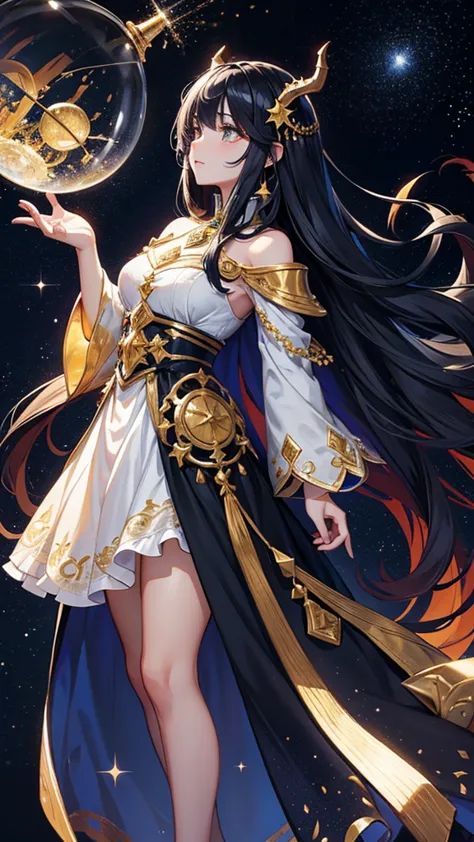 the picture showcases a whimsical and enchanting scene featuring a character with long black hair adorned with golden horns and ...