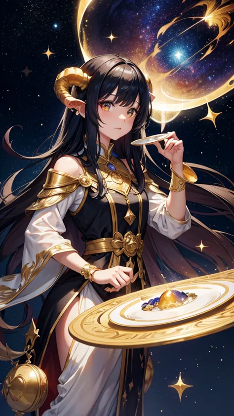 the picture showcases a whimsical and enchanting scene featuring a character with long black hair adorned with golden horns and ...