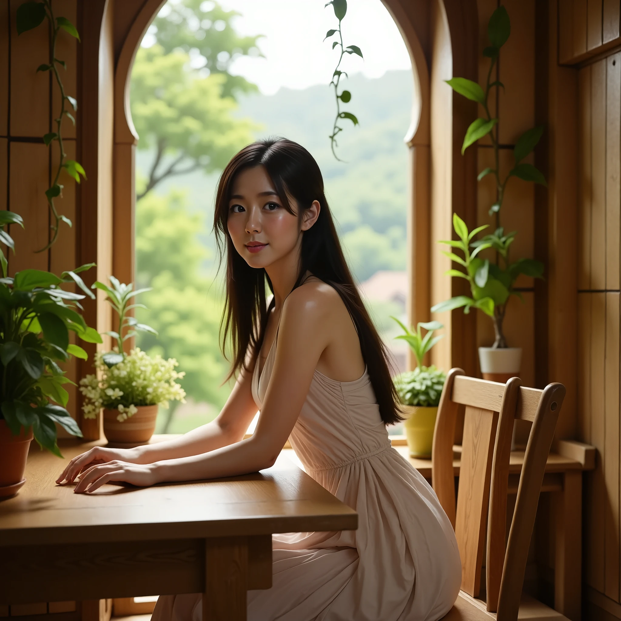 
wooden room, arched window, forest view, Asian woman,looking at the camera leaning forward, hands on table, long black hair, light dress, wooden table, chair, potted plants, vines, natural light, serene atmosphere