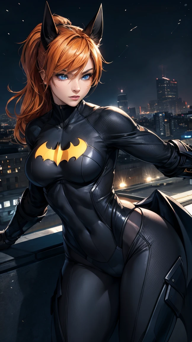 A Batgirl character wearing a highly advanced and technologically sophisticated yet sexy costume with the Batman symbol on the chest., with yellow LED lights, standing on the roof of a building on a dark night in Gotham City, with her orange hair flying in the wind, large blue eyes, high definition , perfect anatomy, dynamic pose