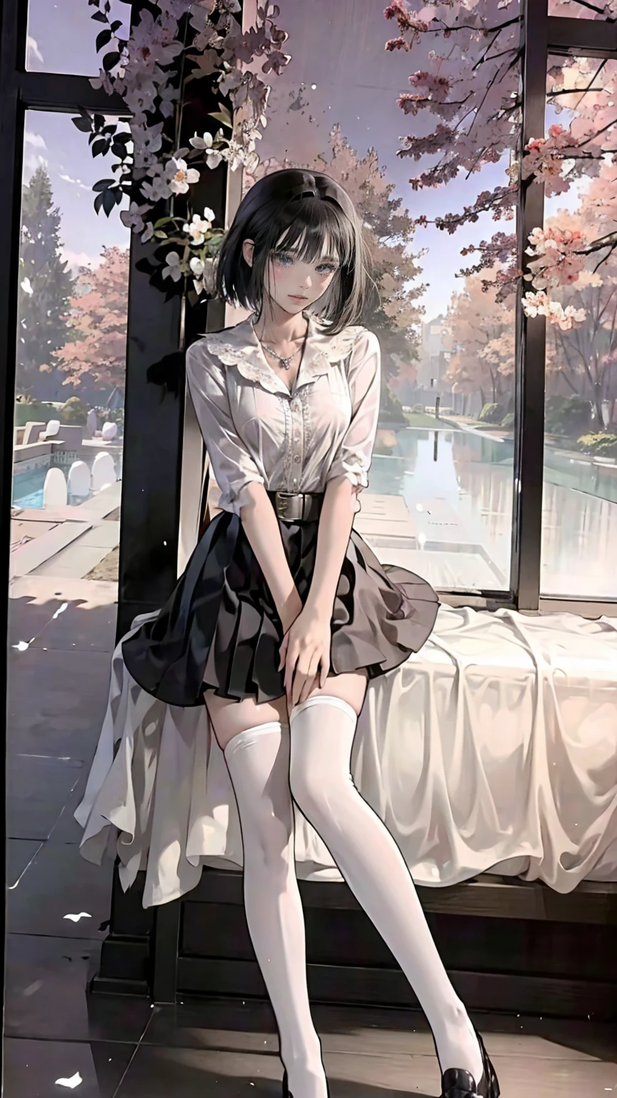 ((masterpiece, Please redeem, Very detailed)), Anime CG, One Girl, 20 years old, Full make-up, Black Hair, Bobcut, bangs, break ((Beautiful black eyes)), Big Eyes, Droopy eyes, medium breasts, Clevis, smile, View your viewers, Monochrome gothic casual spring young woman/Summer Fashion. She is wearing a black see-through shirt, black micro mini skirt,. Accessories、Layered silver necklaces and wide belt. background: Urban Scene,
