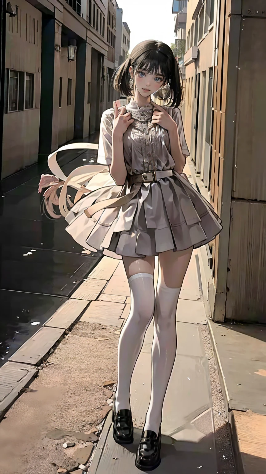 ((masterpiece, Please redeem, Very detailed)), Anime CG, One Girl, 20 years old, Full make-up, Black Hair, Bobcut, bangs, break ((Beautiful black eyes)), Big Eyes, Droopy eyes, medium breasts, Clevis, smile, View your viewers, Monochrome gothic casual spring young woman/Summer Fashion. She is wearing a black see-through shirt, black micro mini skirt,. Accessories、Layered silver necklaces and wide belt. background: Urban Scene,
