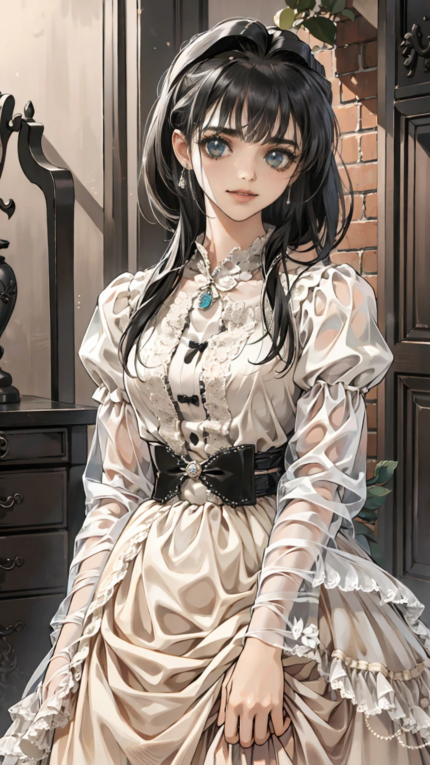 ((masterpiece, Please redeem, Very detailed)), Anime CG, One Girl, 20 years old, Full make-up, Black Hair, Bobcut, bangs, break ((Beautiful black eyes)), Big Eyes, Droopy eyes, medium breasts, Clevis, smile, View your viewers, Monochrome gothic casual spring young woman/Summer Fashion. She is wearing a black see-through shirt, black micro mini skirt,. Accessories、Layered silver necklaces and wide belt. background: Urban Scene,
