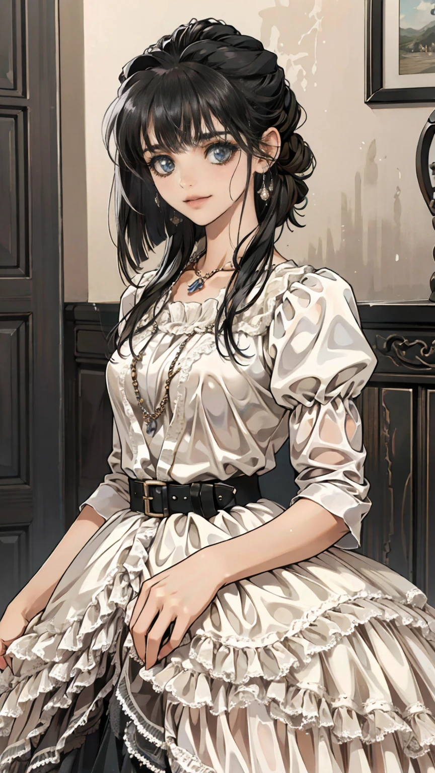 ((masterpiece, Please redeem, Very detailed)), Anime CG, One Girl, 20 years old, Full make-up, Black Hair, Bobcut, bangs, break ((Beautiful black eyes)), Big Eyes, Droopy eyes, medium breasts, Clevis, smile, View your viewers, Monochrome gothic casual spring young woman/Summer Fashion. She is wearing a black see-through shirt, black micro mini skirt,. Accessories、Layered silver necklaces and wide belt. background: Urban Scene,
