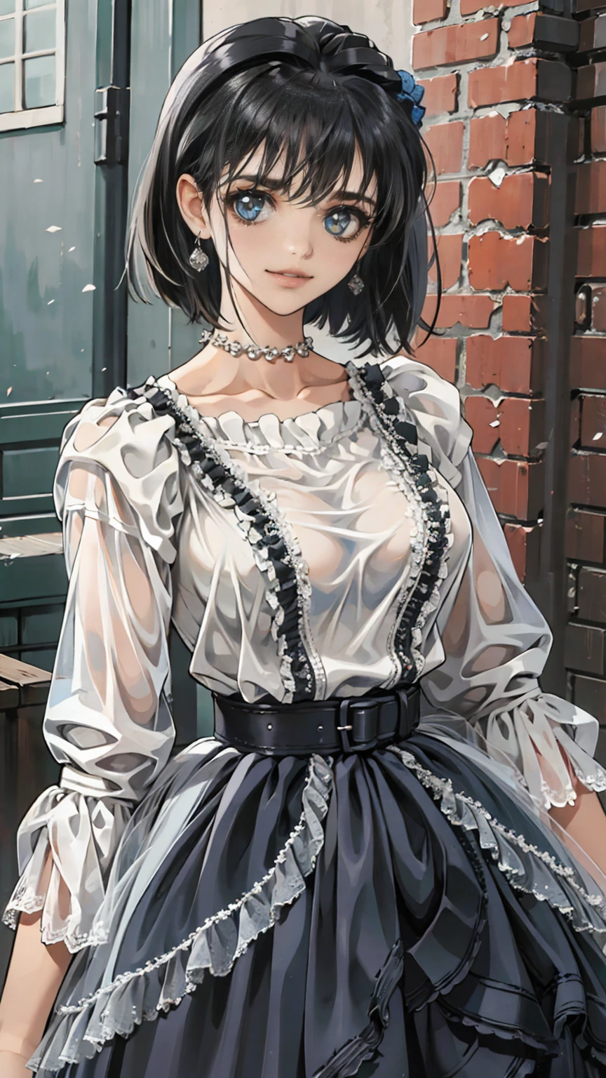 ((masterpiece, Please redeem, Very detailed)), Anime CG, One Girl, 20 years old, Full make-up, Black Hair, Bobcut, bangs, break ((Beautiful black eyes)), Big Eyes, Droopy eyes, medium breasts, Clevis, smile, View your viewers, Monochrome gothic casual spring young woman/Summer Fashion. She is wearing a black see-through shirt, black micro mini skirt,. Accessories、Layered silver necklaces and wide belt. background: Urban Scene,
