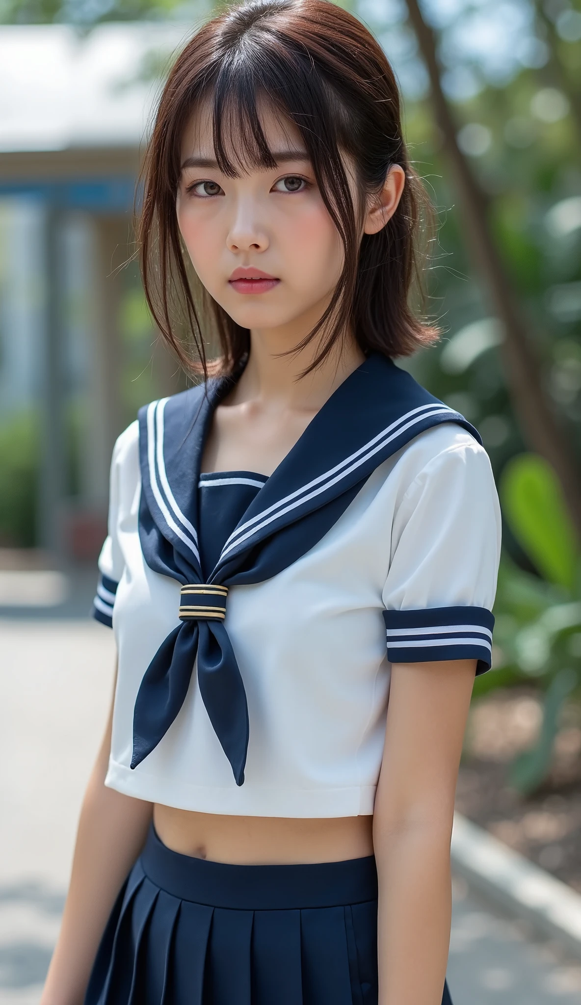 perfect composition, Proper placement, Extreme close-up, Beautiful Japanese Women, Glowing Skin, (Sweating:1.8), Brown Hair, Medium Hair, Brown eyes:1.21, Clear Eyes, Perfect Anatomy, Small head, The classic sailor uniform from a prestigious metropolitan high school, White uniform, Short-sleeved sailor uniform:1.21, sera fuku:1.21, I can see your belly, Navy blue pleated mini skirt, Schoolyard、sexy, orgasm, 