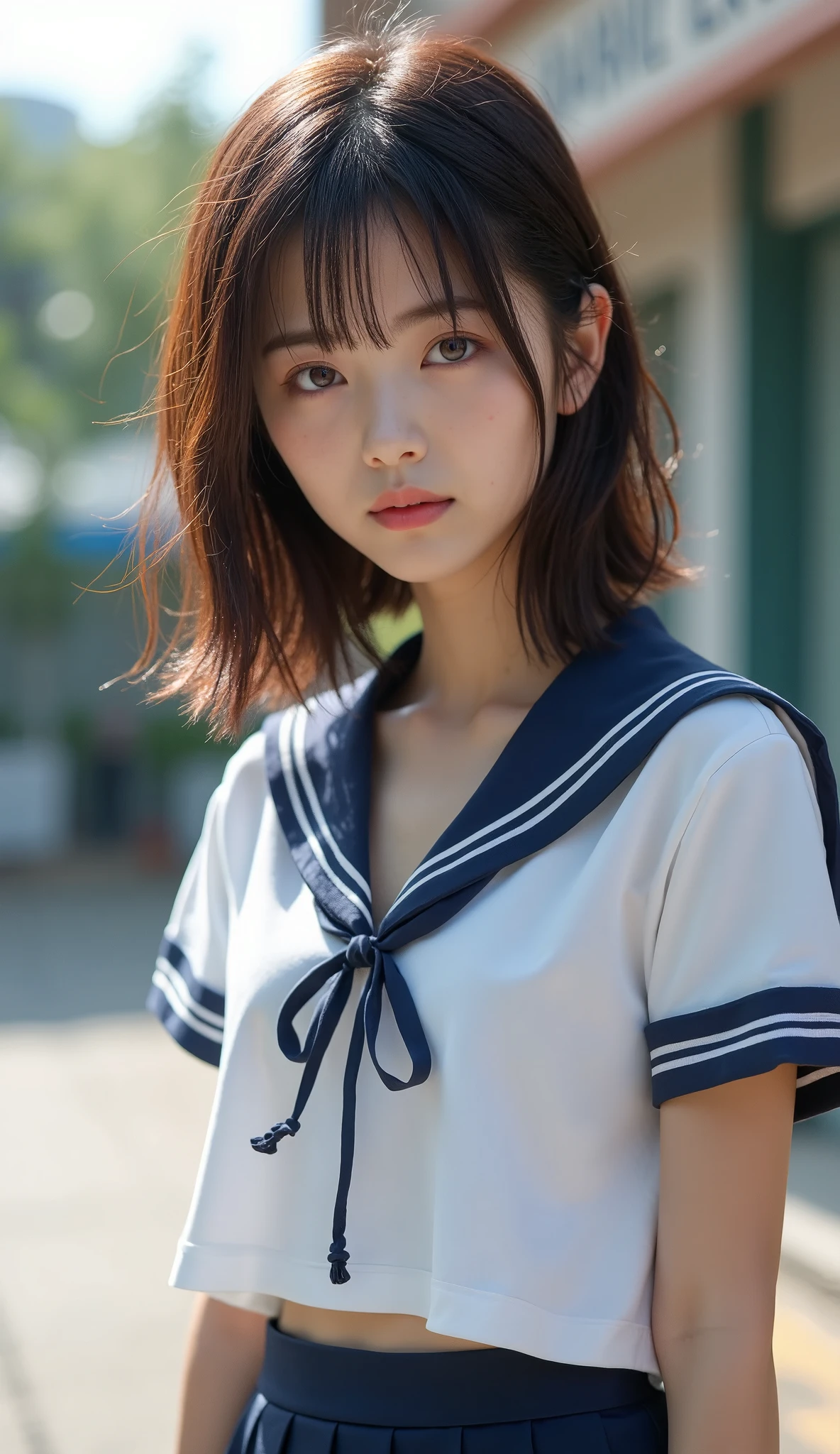 perfect composition, Proper placement, Extreme close-up, Beautiful Japanese Women, Glowing Skin, (Sweating:1.8), Brown Hair, Medium Hair, Brown eyes:1.21, Clear Eyes, Perfect Anatomy, Small head, The classic sailor uniform from a prestigious metropolitan high school, White uniform, Short-sleeved sailor uniform:1.21, sera fuku:1.21, I can see your belly, Navy blue pleated mini skirt, Schoolyard、sexy, orgasm, 