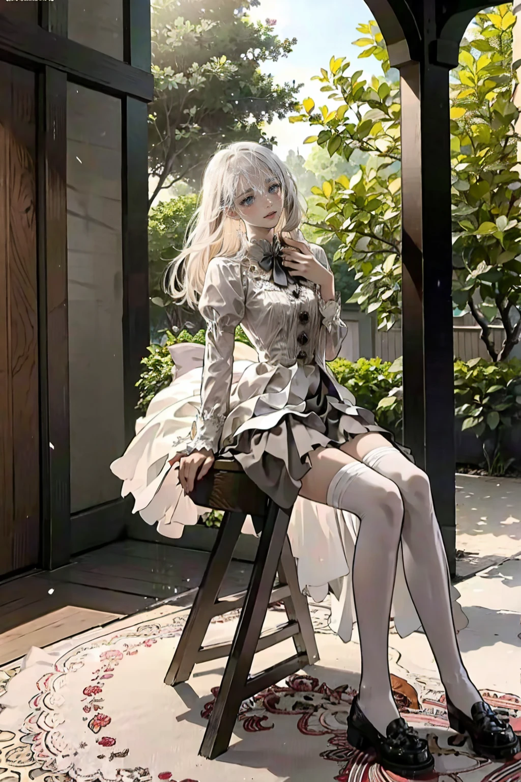 Automataにインスパイアされた、Nier Automata Characters、Nier Automata Cosplay、(High resolution、4K、Please redeem) Inspired by Nier、黒い服を着たgirl: Automata、girl、Delicate and beautiful silvery white hair、Beautiful lip detail、And highly detailed faces with fine skin texture、She is sitting in a chair in a brightly colored garden、Blooming Flowers々Surrounded、The garden is lit by soft natural light..、The English garden creates a peaceful atmosphere、girlの黒い衣装は光沢のある革素材で作られています、Gives a stylish and futuristic look、She has a teacup in her hand、Reflects sunlight、The cup is elaborately decorated、Craftsmanship shines through、girlの風になびく髪、Elegant tea time、Add a tranquil atmosphere、Well decorated table, Chairs and tea utensils、The overall image is realistic and photorealistic、Sharp focus and vibrant colors、Increase visual impact、This artwork is from Nier : Automataの本質を捉えており、Paying homage to the iconic character 2b