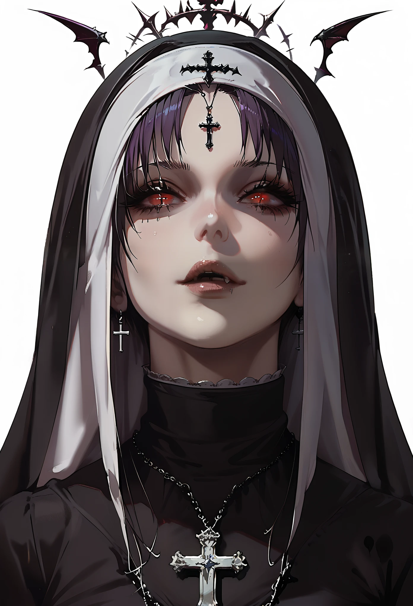 anime girl with a nun outfit and a cross necklace, sexy nun , portrait , white background 1 anime goth girl,  portrait, gothic maiden anime girl, demon anime girl, androgynous vampire, portrait of demon girl, beautiful necromancer girl, sexy suit , details hair,detailed portrait of anime girl, beauty female girl,  with background 