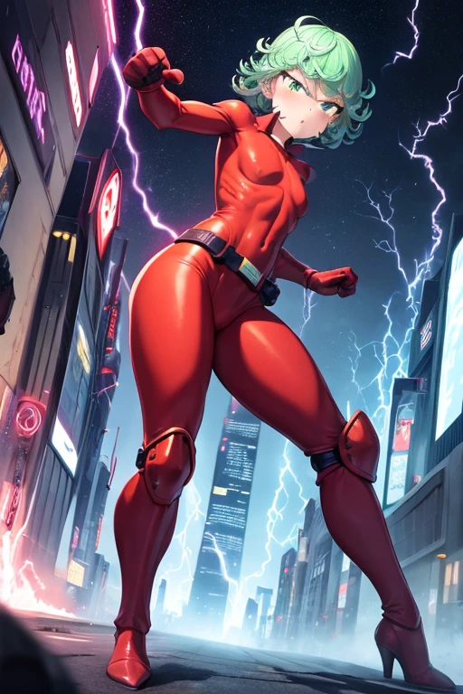 Masterpiece, best quality, ultra detailed, illustration, lighting epic, cinematic composition, 1 girl, Tatsumaki, short hair, green hair, very small breasts, green eyes, bright eyes, pouting, blushing, closed mouth, piercing gaze, full body, black collar, tall, very large, red armor, 2 large tubes, transparent electricity tubes on his chest, large red gloves, red wristbands, red suit, fist emblem with lightning bolts on his chest, fist, red pants, black knee pads, metallic red boots, superhero belt, lightning bolts in the air, hitting the highway, superhero pose, lightning bolts come out, night city background, anime