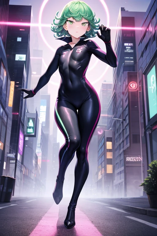 Masterpiece, best quality, ultra detailed, illustration, lighting epic, cinematic composition, 1 girl, Tatsumaki, short hair, green hair, very small breasts, green eyes, bright eyes, blushing, closed mouth, piercing gaze, full body, black collar, tall, slim, athletic, circles on her wrists, pink details, black fingerless gloves, pink wristbands, nanotech speedster suit that resembles light armor, pink chest with an emblem, pink chest, black suit with pink lines, pink speed emblem on her chest, pink emblem, blue pants, gray knee pads, metallic pink boots, white superhero belt, running through the city, pink light trail, laser, city background, anime