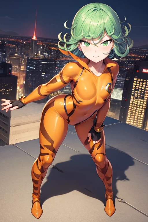 Masterpiece, best quality, ultra detailed, illustration, lighting epic, cinematic composition, 1 girl, Tatsumaki, short hair, green hair, very small breasts, green eyes, bright eyes, evil smile, blushing, closed mouth, piercing gaze, full body, gremlin, brown collar, tall, very thin, hunched over, long metal claws, spikes on his forearms, brown details, brown fingerless gloves, orange wristbands, orange nanotech suit, light armor, orange chest with an emblem, high shoulder pads, orange suit with brown stripes, brown tiger stripes, triangle emblem on his chest, orange emblem, orange pants, orange knee pads, metallic orange boots, metallic orange shoes, brown superhero belt, standing on a building, city background, anime