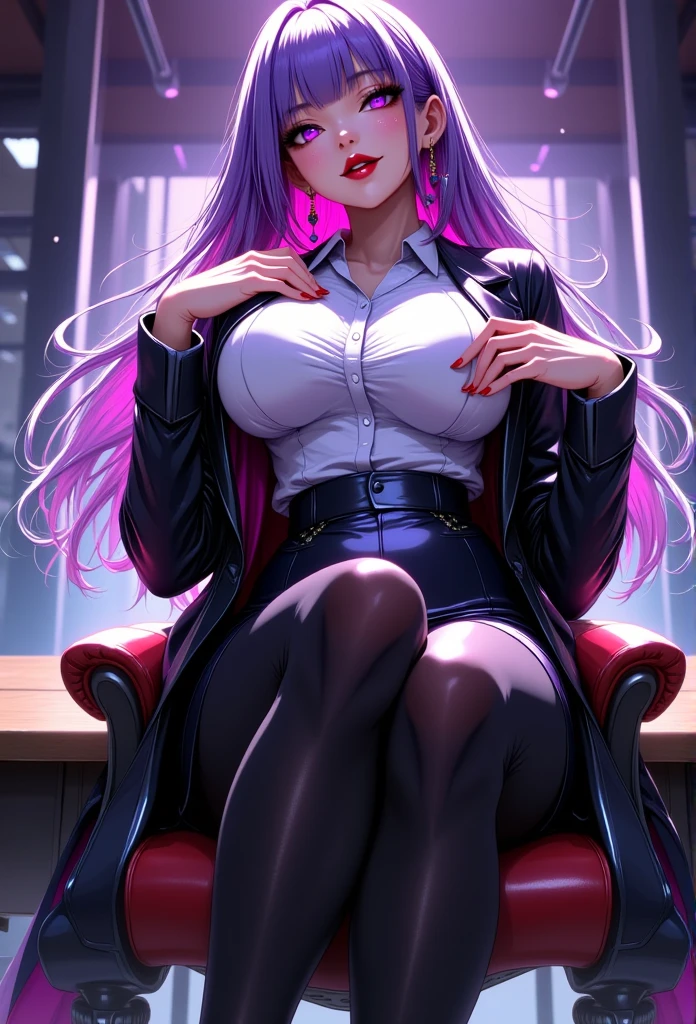 1 mature beautiful woman,(Best Quality,Extremely detailed depiction,Incredibly absurd high definition,Anatomically accurate,Beautiful legs,Detailed pupil,Porcelain-like skin),(Office Lady,An excellent female secretary,Villainess,Glasses),(business suit,Tight skirt,Formal Shirt,Black tights,Luxurious accessories,High heels),eyelash,(Purple Eyes,Crazy Eyes,Half-closed eyes:2.0,Large Breasts,Wicked Smile:2.0,Glossy red lips,Mouth open,Seductive gestures),whole body:2.0,