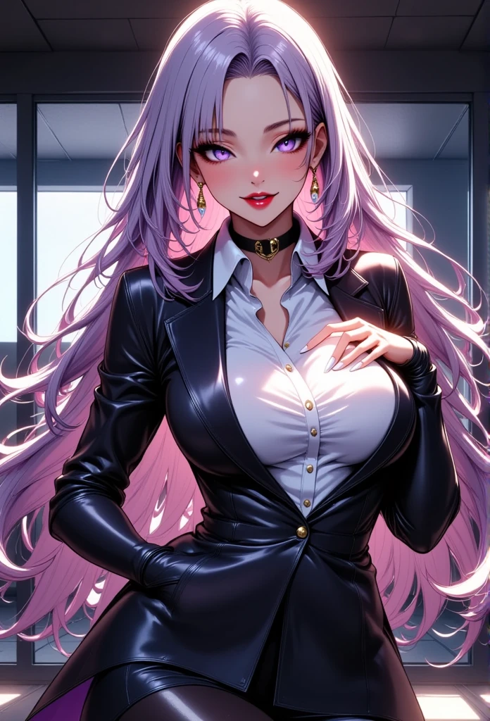 1 mature beautiful woman,(Best Quality,Extremely detailed depiction,Incredibly absurd high definition,Anatomically accurate,Beautiful legs,Detailed pupil,Porcelain-like skin),(Office Lady,An excellent female secretary,Villainess,Glasses),(business suit,Tight skirt,Formal Shirt,Black tights,Luxurious accessories,High heels),eyelash,(Purple Eyes,Crazy Eyes,Half-closed eyes:2.0,Large Breasts,Wicked Smile:2.0,Glossy red lips,Mouth open,Seductive gestures),whole body:2.0,