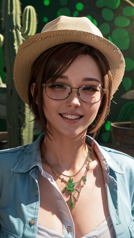 portrait, close-up, upper body. Short red hair, green eyes, glasses with metal frames, button down shirt, cowboy hat, joyful smile, cheerful girl . (masterpiece, top quality, best quality, official art, beautiful and aesthetically pleasing:1.2), extremely detailed,(fractal art:1.2),Colorful,The most detailed, (dynamic pose), (cactus background:1.5), (many flowers:1.4). ((SPLIT. Skin texture, shiny skin. elegance. photorealism. unreal engine. 3D model. Ultra high quality textures. high detail. permission 8k))