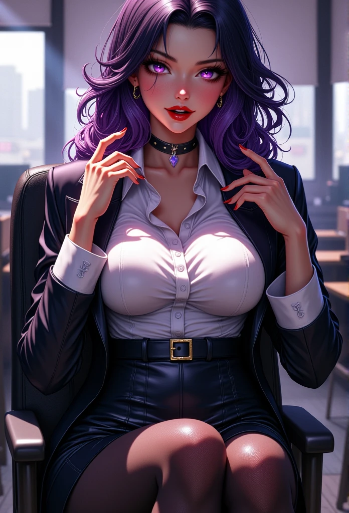 1 mature beautiful woman,(Best Quality,Extremely detailed depiction,Incredibly absurd high definition,Anatomically accurate,Beautiful legs,Detailed pupil,Porcelain-like skin),(Office Lady,An excellent female secretary,Villainess,Glasses),(business suit,Tight skirt,Formal Shirt,Black tights,Luxurious accessories,High heels),eyelash,(Purple Eyes,Crazy Eyes,Half-closed eyes:2.0,Large Breasts,Wicked Smile:2.0,Glossy red lips,Mouth open,Seductive gestures),whole body:2.0,