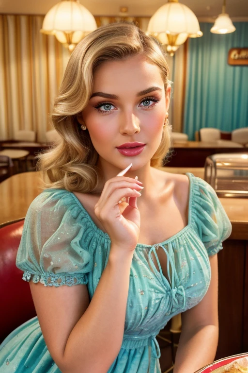 A beautiful girl in a retro 1950s style dress, sitting in a vibrant 1950s ice cream parlor, surrounded by classic desserts such as sundaes, milkshakes, and pastries, (best quality,4k,8k,highres,masterpiece:1.2),ultra-detailed,(realistic,photorealistic,photo-realistic:1.37),blonde hair, blue eyes, highly detailed face and eyes,beautiful detailed lips,extremely detailed skin,detailed 1950s style dress,intricate ice cream parlor interior with classic decor,colorful and vibrant 1950s palette,soft studio lighting,detailed reflections,detailed textures,photorealistic,cinematic composition