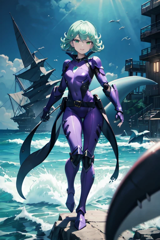 Masterpiece, best quality, ultra detailed, illustration, lighting epic, cinematic composition, 1 girl, Tatsumaki, short hair, green hair, very small breasts, green eyes, bright eyes, smiling, closed mouth, piercing gaze, full body, black collar, tall and strong, very athletic, shark fins, gray details, mechanical shark jaw on his neck, purple fingerless gloves, purple wristbands, purple robotic armor resembling light armor, purple chest with an emblem, green emblem on his chest, green emblem, purple pants, puple robotic shark tail, blue knee pads, metallic purple boots, black superhero belt, standing on a pier by the sea, night city background, anime