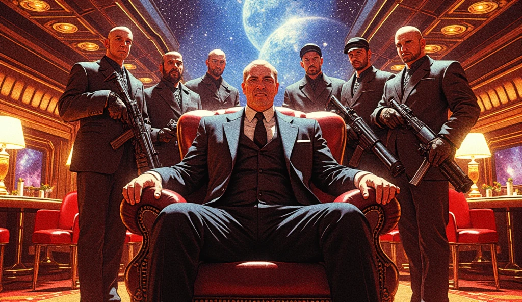 Space gangster boss sits at the center of a luxurious casino floating in space，Surrounded by twinkling stars and rotating galaxies，Behind him is a group of heavily armed bodyguards.。