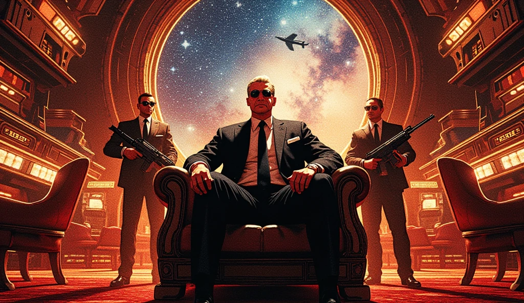 Space gangster boss sits at the center of a luxurious casino floating in space，Surrounded by twinkling stars and rotating galaxies，Behind him is a group of heavily armed bodyguards.。