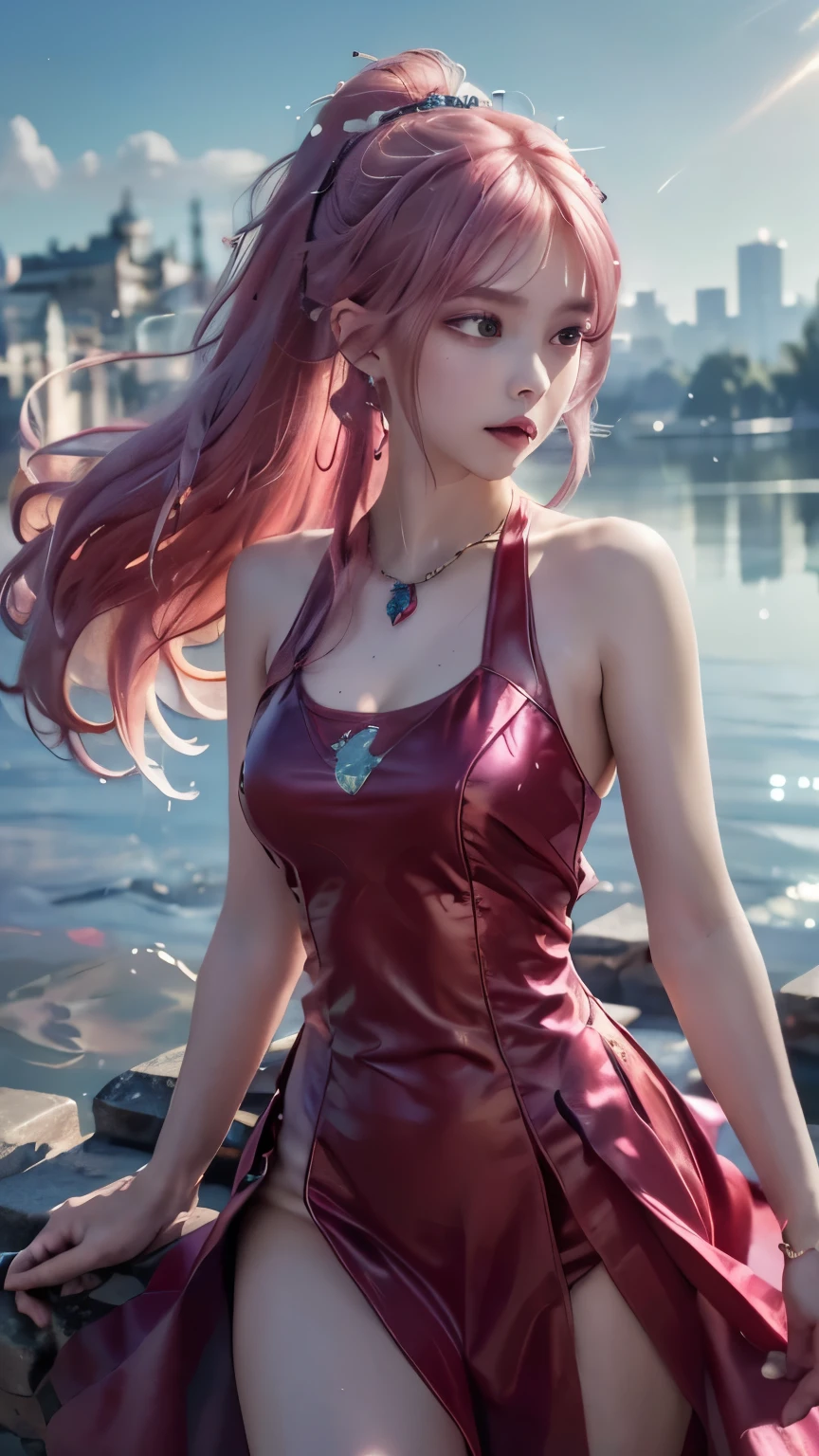 (logo、masterpiece、8k、Tabletop、RAW Photos、wonderful、最high quality、Photorealistic and very detailed CG integrated 8k wallpaper、high quality、Very detailed、Narrative poem、Particle Effects、Dynamic Effects、Depth of text、Cinematic Light、Lens flare、Ray Tracing）、Fantasy、（One girl, arms, sword, Long Hair, dress, water, alone, jewelry, red dress, Earrings, hair ornaments, water splash, Ultra-realistic upper body, Hair Bun, Pink Hair, Realistic city background, Lighting,frank