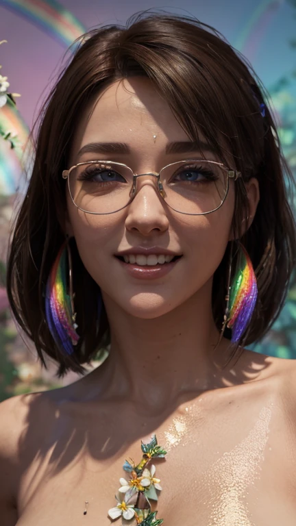 portrait, close-up, upper body. Short red hair, green eyes, glasses with metal frames, hippie clothes, joyful smile, cheerful girl . (masterpiece, top quality, best quality, official art, beautiful and aesthetically pleasing:1.2), extremely detailed,(fractal art:1.2),Colorful,The most detailed, (dynamic pose), (rainbow background:1.5), (many flowers:1.4). ((SPLIT. Skin texture, shiny skin. elegance. photorealism. unreal engine. 3D model. Ultra high quality textures. high detail. permission 8k))