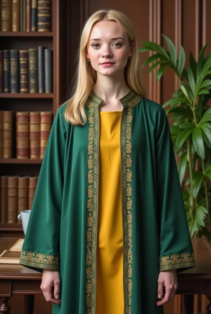 pretty woman the director of magic school, dressed in an office magic green and yelloy robe, stands against the background of a ...