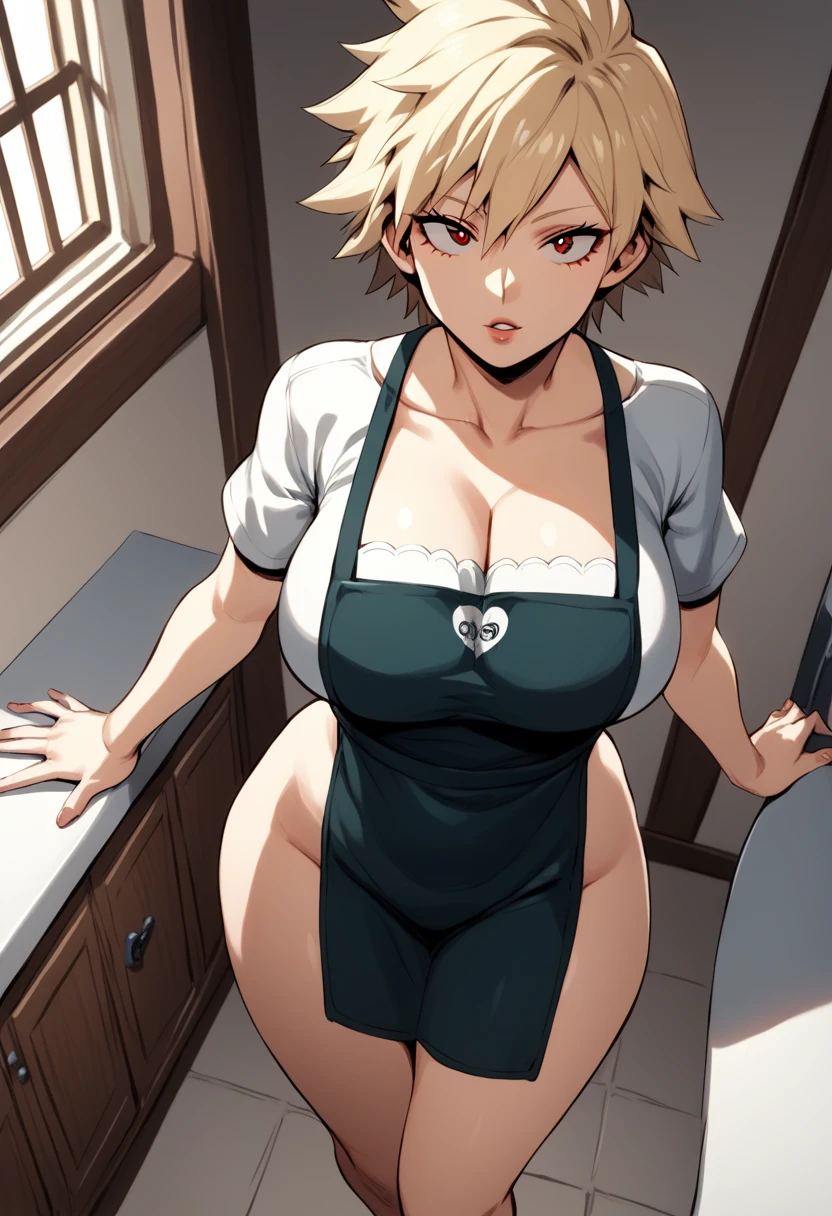 score_9, score_8_above, score_7_above, score_6_above, source_anime, 1 , Alone, , blonde hair, spiky hair, short hair, red eyes, mature woman, short kitchen apron with accentuated neckline nude , short sleeves cleavage, big breasts, looking at the viewer mesmerized by you , not sex , inside the house, thighs,dynamic pose
