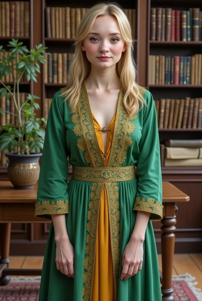 pretty woman the director of magic school, dressed in an office magic green and yelloy robe, stands against the background of a magical office, a table, a magical plant and many ancient magic books, a love atmosphere, a bizarre combination of colors