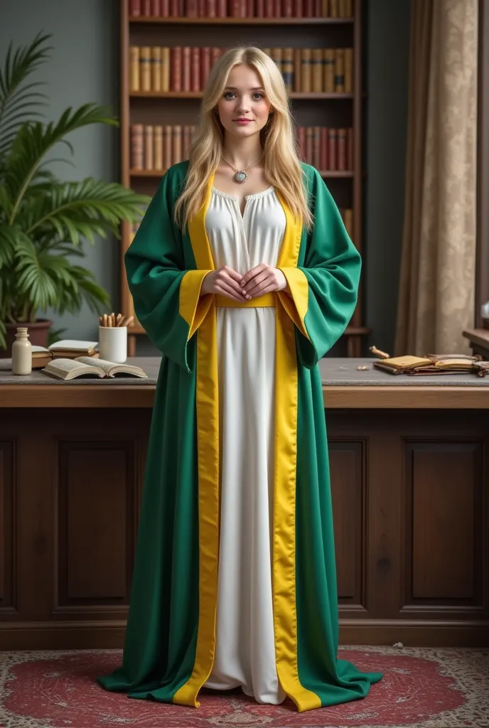 pretty mage woman the director of magic school, dressed in an office magic green and yelloy and white robe, stands against the b...