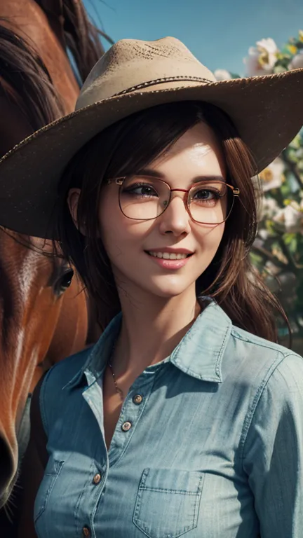 portrait, close-up, upper body. short red hair, green eyes, glasses with metal frames, button down shirt, cowboy hat, joyful smi...