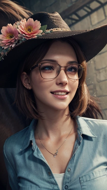 portrait, close-up, upper body. Short red hair, green eyes, glasses with metal frames, button down shirt, cowboy hat, joyful smile, cheerful girl . (masterpiece, top quality, best quality, official art, beautiful and aesthetically pleasing:1.2), extremely detailed,(fractal art:1.2),Colorful,The most detailed, (dynamic pose), (horse background:1.5), (many flowers:1.4). ((SPLIT. Skin texture, shiny skin. elegance. photorealism. unreal engine. 3D model. Ultra high quality textures. high detail. permission 8k))