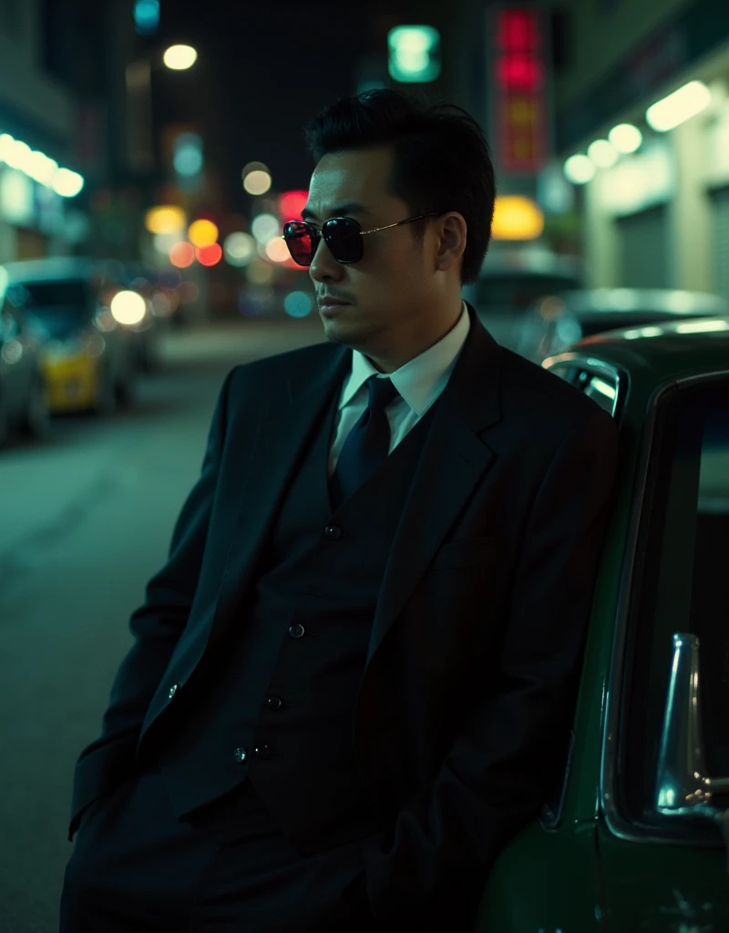 cinematography, realistic, retro, film grain, Wong Kar-Wai, dark lighting, solo, a middle age man in black suit and black sunglasses, stern expression, hand in pocket, he leaning against a car, blurry, bokeh