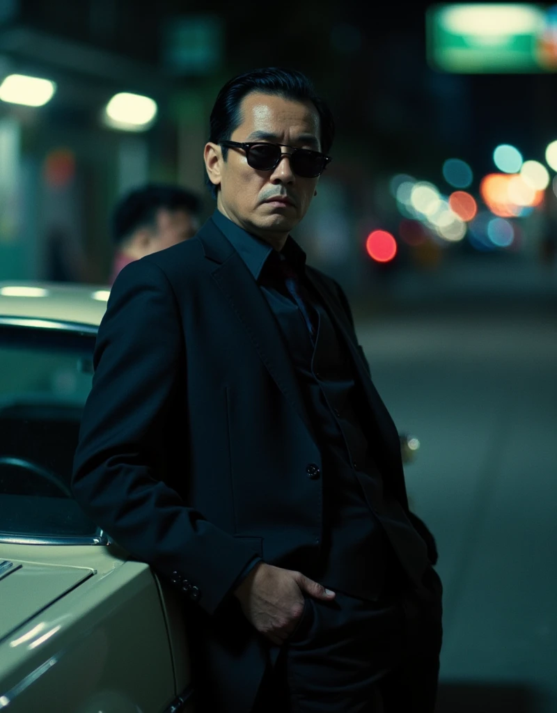 cinematography, realistic, retro, film grain, Wong Kar-Wai, dark lighting, solo, a middle age man in black suit and black sunglasses, stern expression, hand in pocket, he leaning against a car, blurry, bokeh