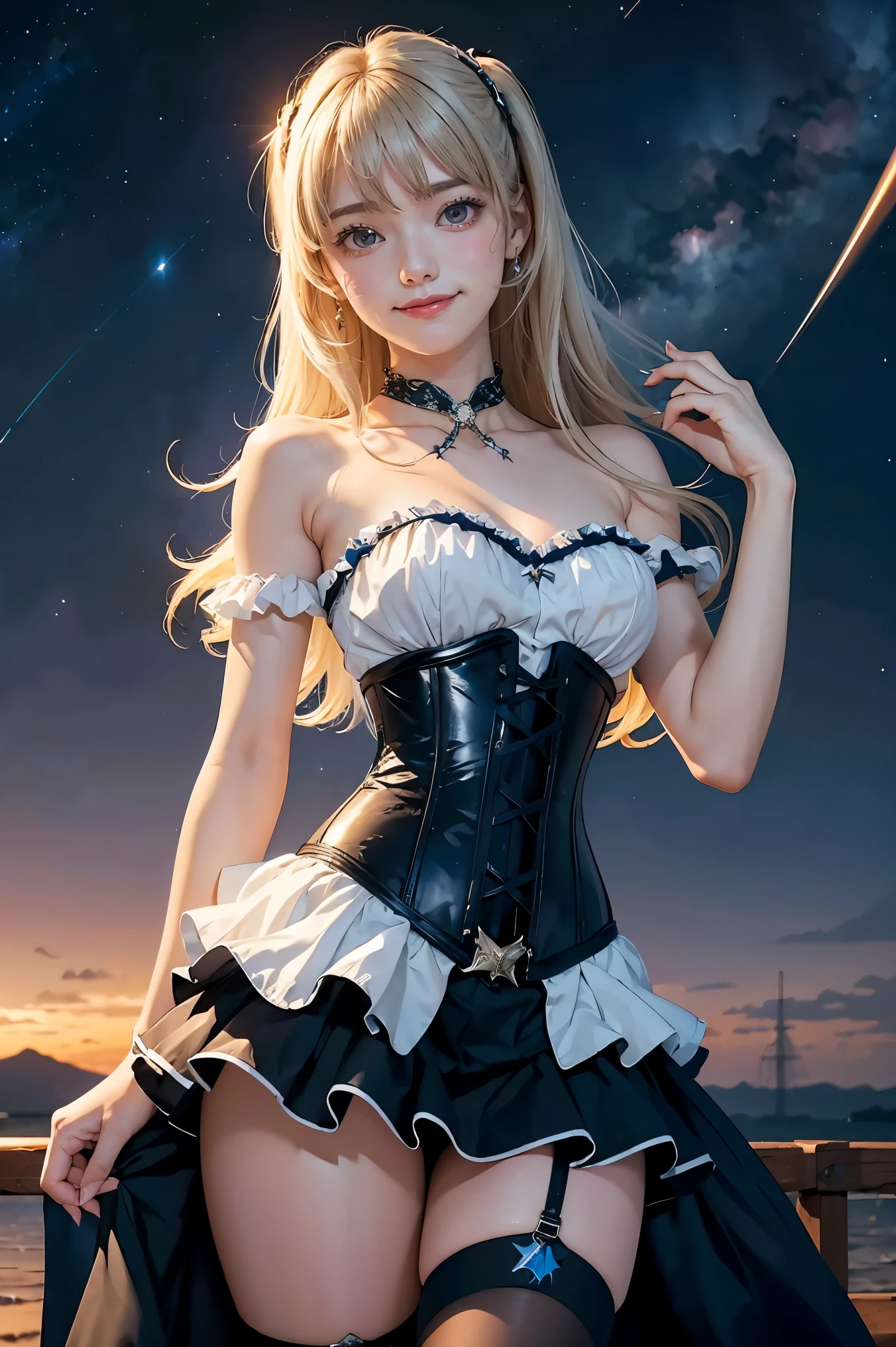 (masterpiece, best quality:1.2), cowboy shot, solo, 1girl, sheryl nome, smile, closed mouth, looking at viewer, strapless dress, corset, layered skirt, thighhighs, bare shoulders, outer space, star (sky)