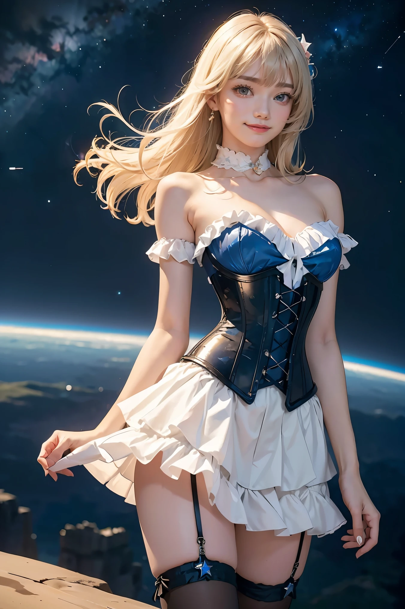 (masterpiece, best quality:1.2), cowboy shot, solo, 1girl, sheryl nome, smile, closed mouth, looking at viewer, strapless dress, corset, layered skirt, thighhighs, bare shoulders, outer space, star (sky)