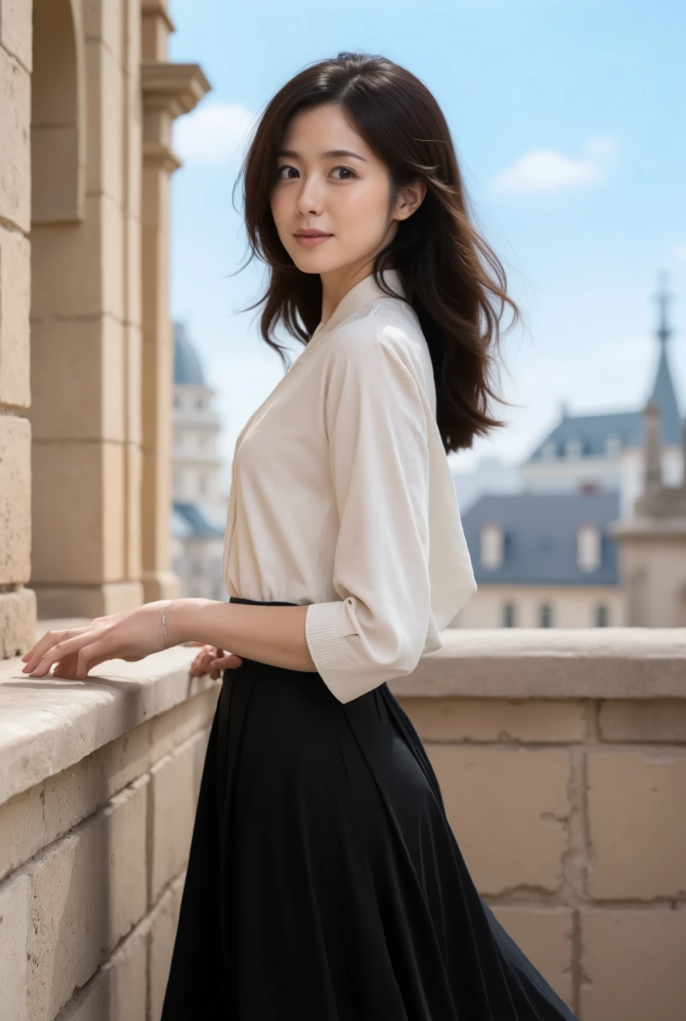 Asian woman, standing outdoors near a stone wall, wearing a white blouse and a long black skirt, elegant and confident pose, clear blue sky, soft natural lighting, historic European architecture in the background, serene atmosphere, gentle breeze, formal outfit, sophisticated look