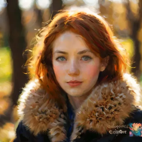 a close up of a woman with a fur collar on, ginger hair and fur, redhead woman, beautiful redhead woman, a redheaded young woman...