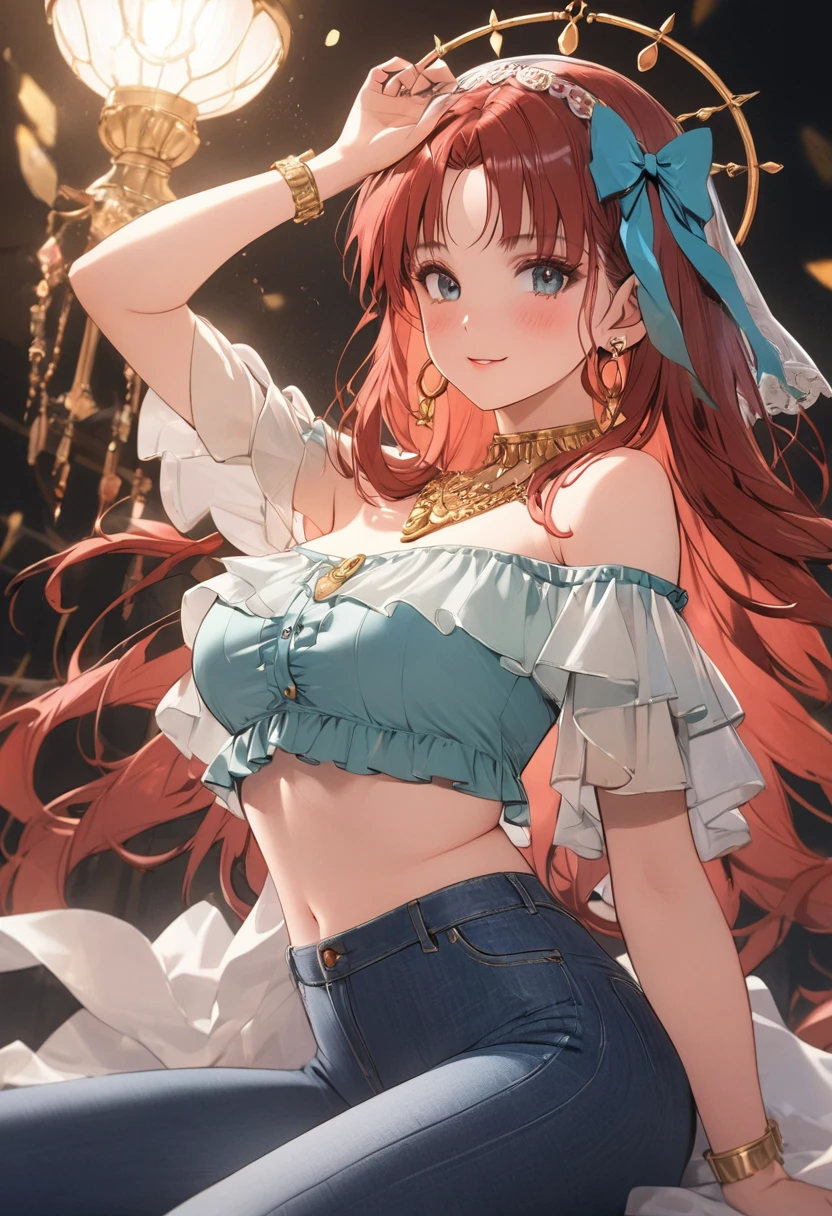 a vibrant woman in a high-waisted jeans, off-the-shoulder colorful top, chunky accessories, 1980s aesthetic, dynamic poses, detailed fashion, cinematic lighting, warm color tones, 8k, best quality, intricate details, studio lighting, physically-based rendering nilou, niloudress, frilled, nilou, niloudress, frilled, whole body