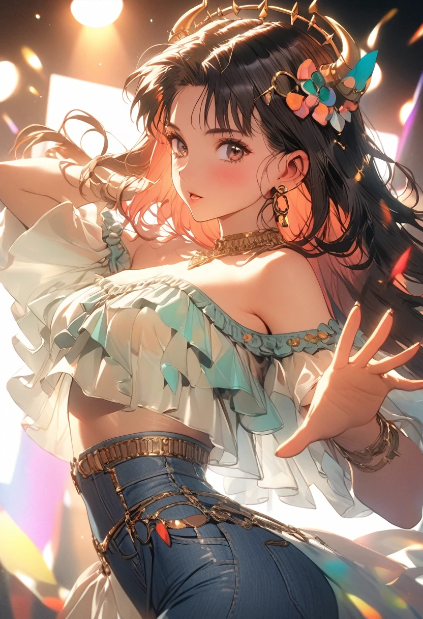 a vibrant woman in a high-waisted jeans, off-the-shoulder colorful top, chunky accessories, 1980s aesthetic, dynamic poses, detailed fashion, cinematic lighting, warm color tones, 8k, best quality, intricate details, studio lighting, physically-based rendering nilou, niloudress, , whole body
